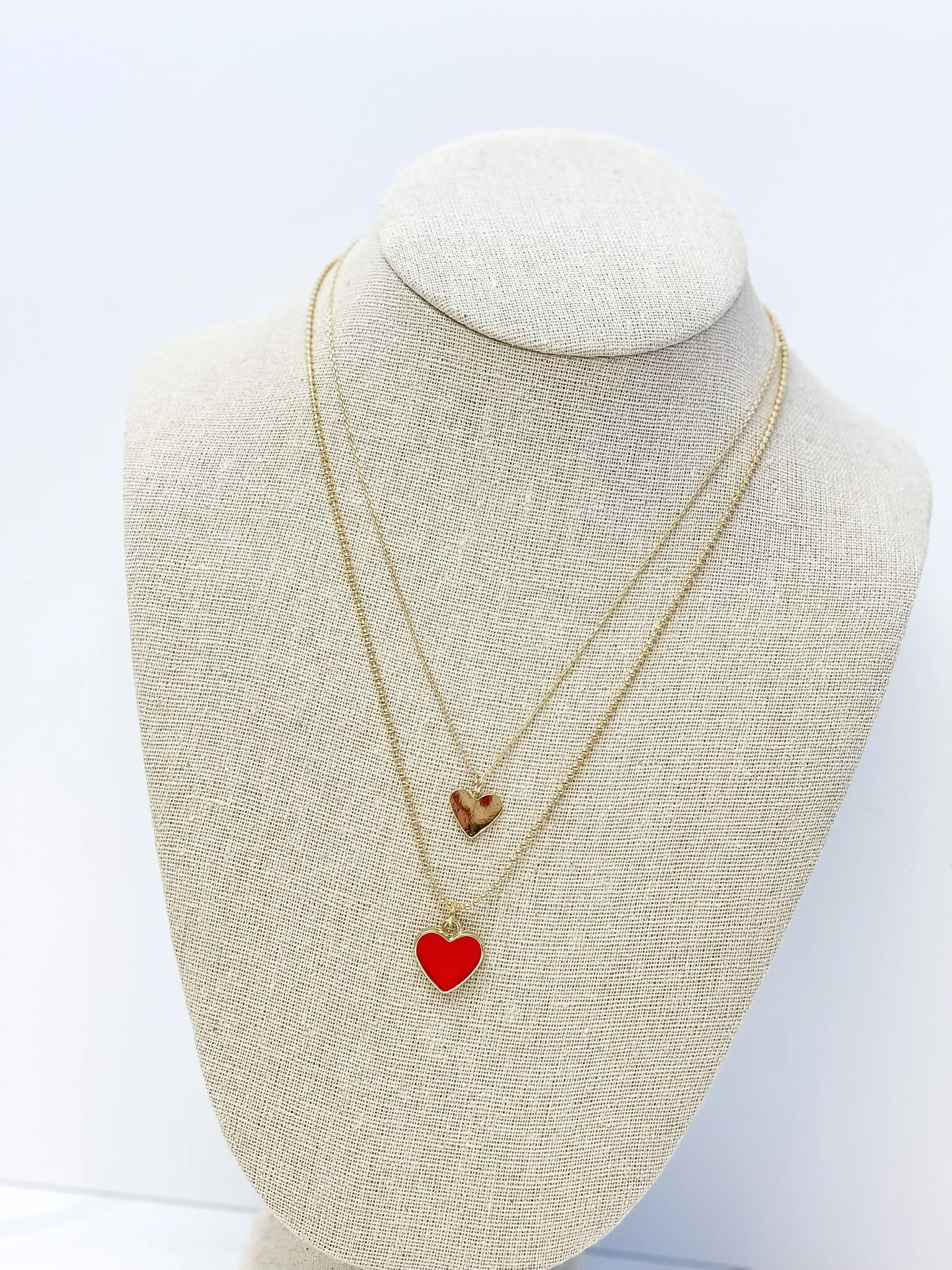 Enamel Heart Layered Necklace - Red