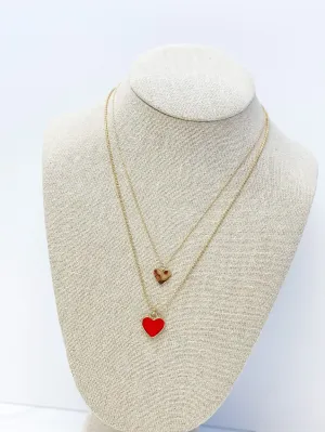 Enamel Heart Layered Necklace - Red