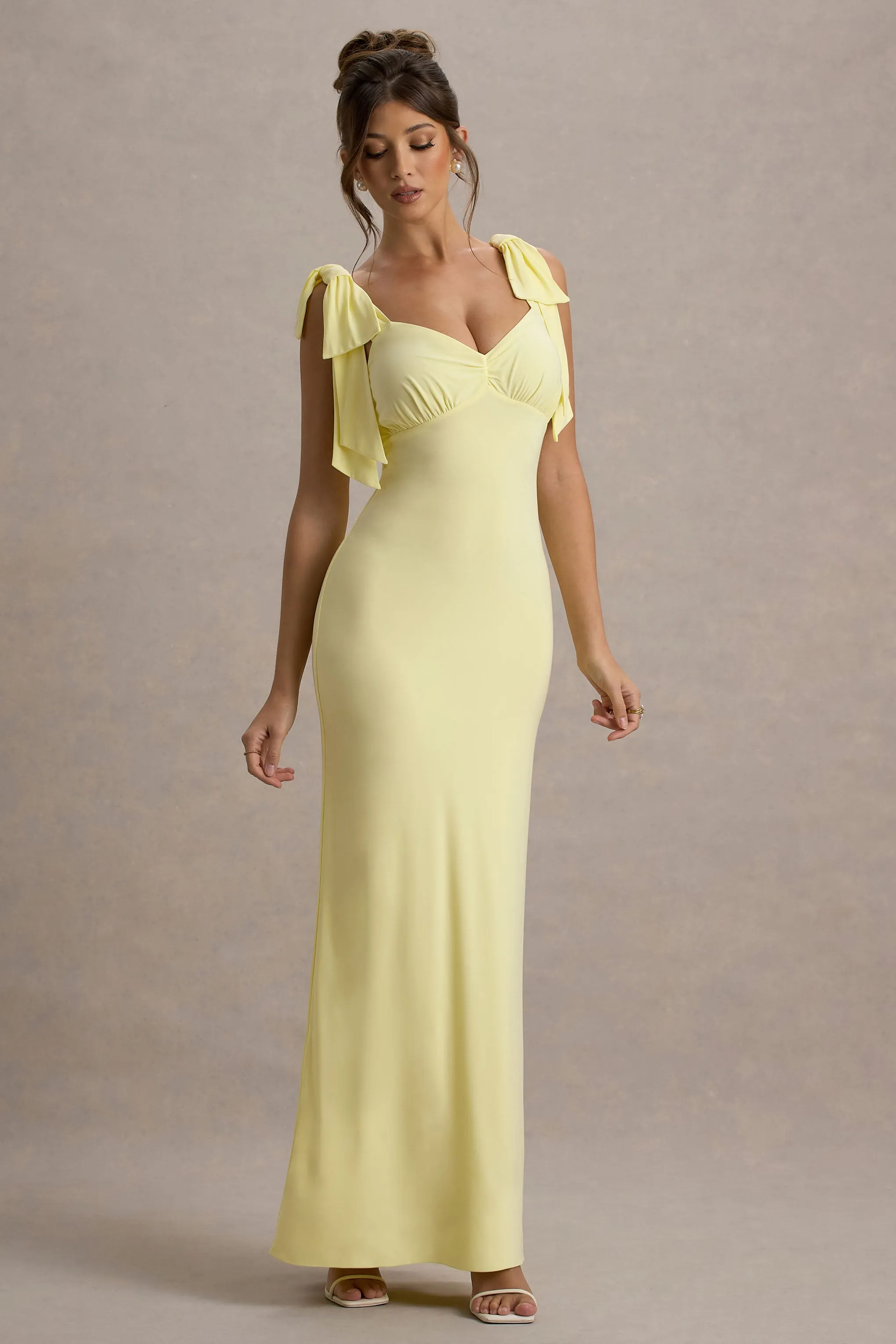 Evanna | Lemon V-Neck Maxi Dress With Bow Straps