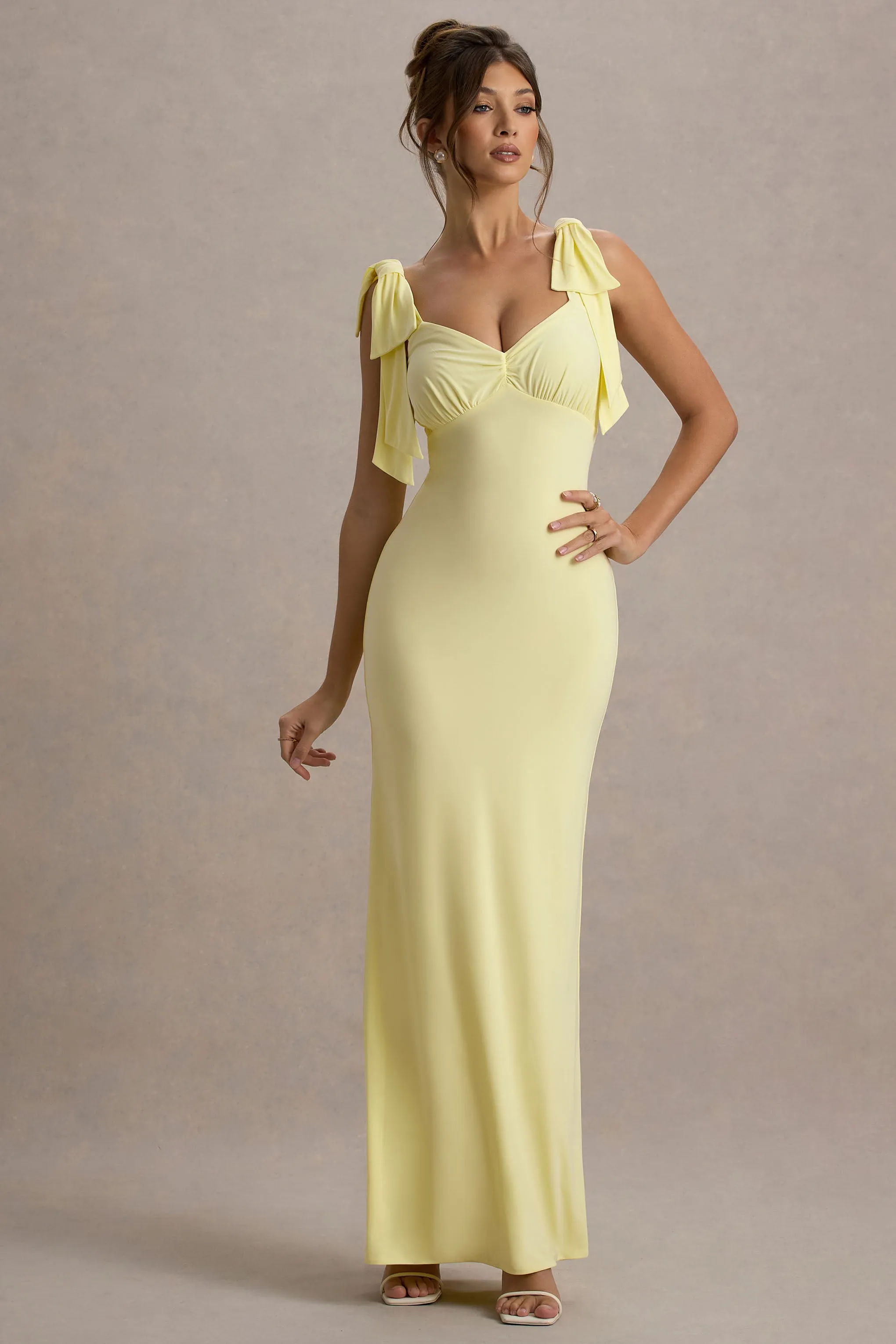 Evanna | Lemon V-Neck Maxi Dress With Bow Straps