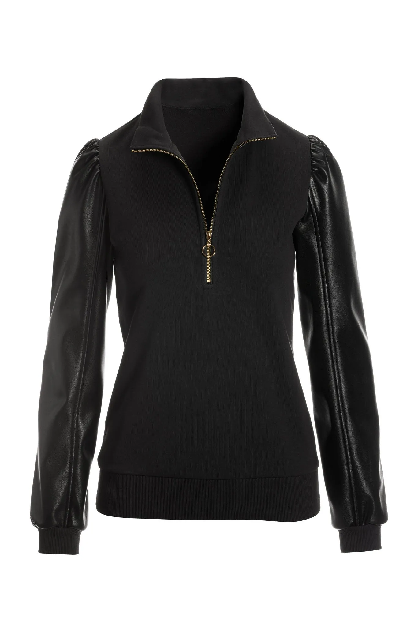 Faux Leather Sleeve Sweatshirt Black