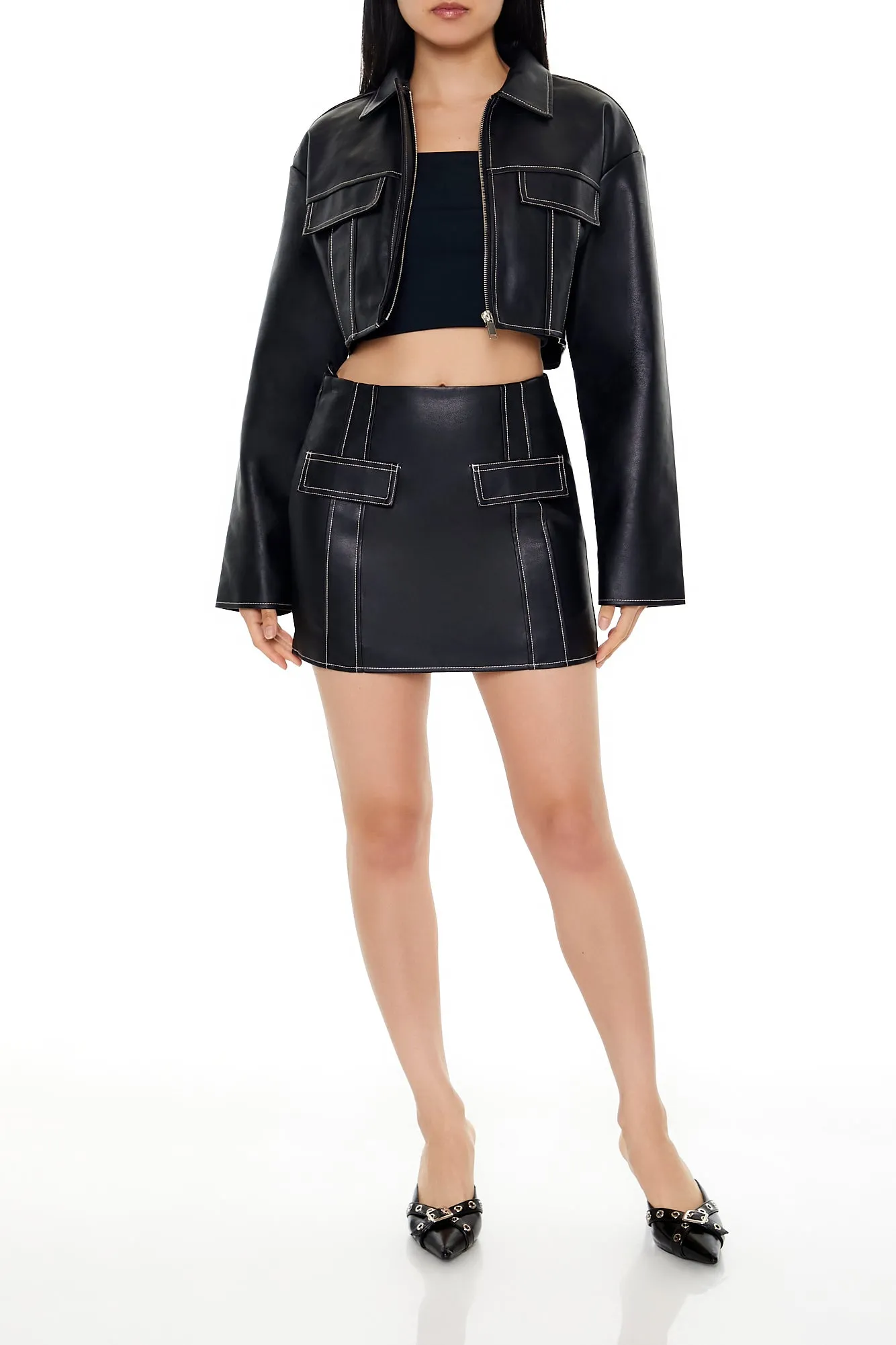 Faux Leather Zip-Up Jacket - Black