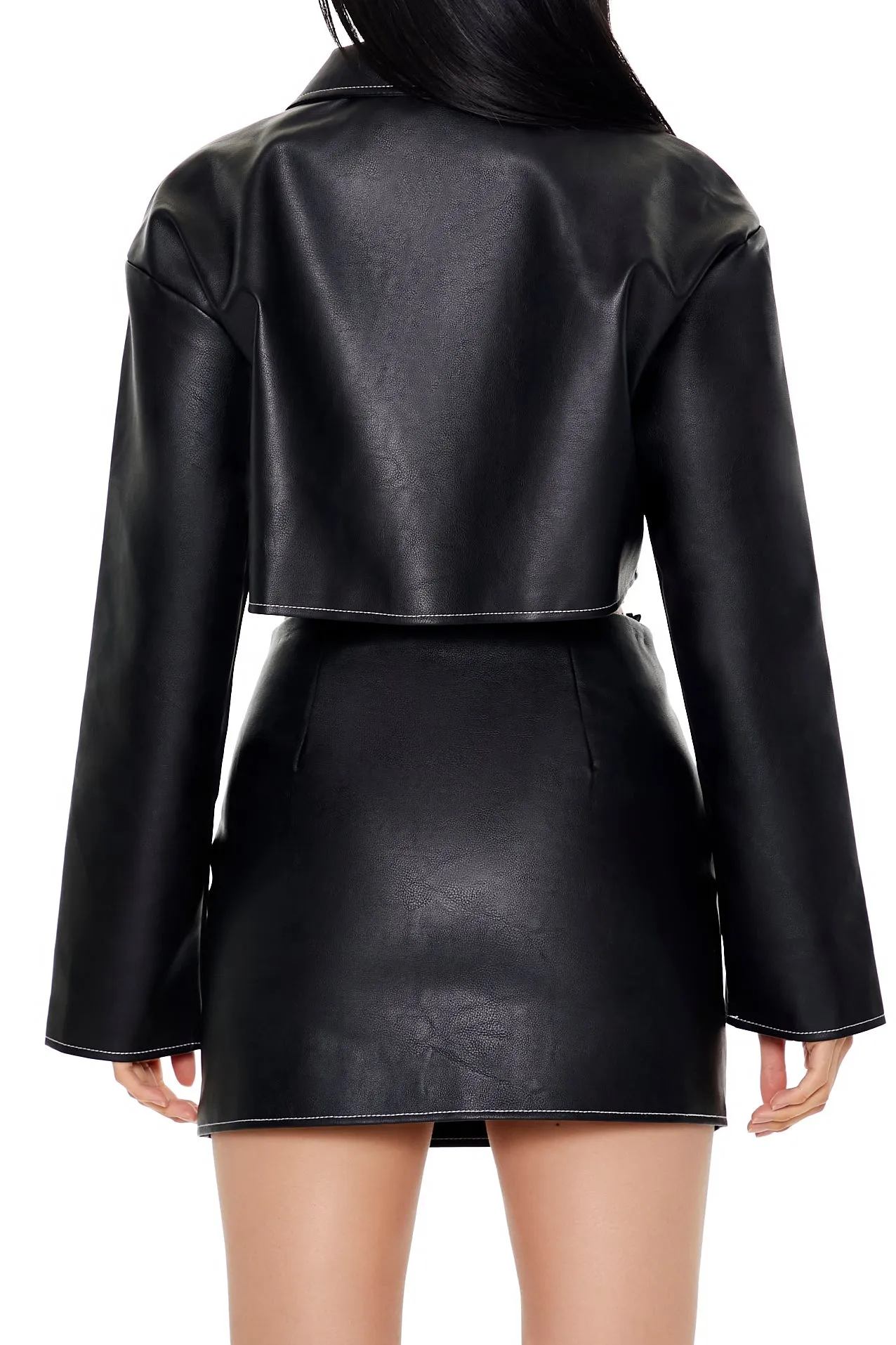 Faux Leather Zip-Up Jacket - Black