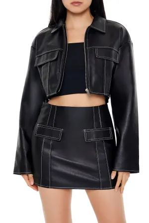Faux Leather Zip-Up Jacket - Black