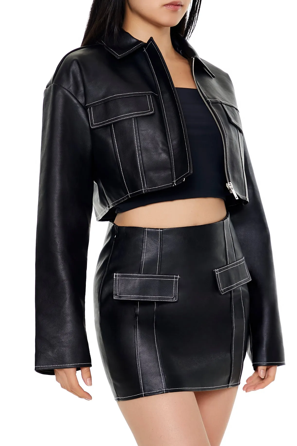 Faux Leather Zip-Up Jacket - Black