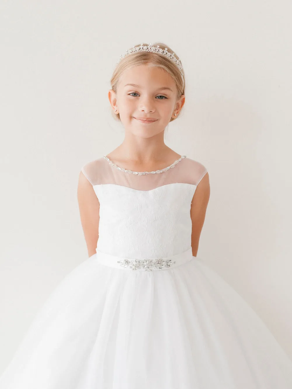 Floor Lenght Horse Hair Layered Communion Dress w/Floral Lace
