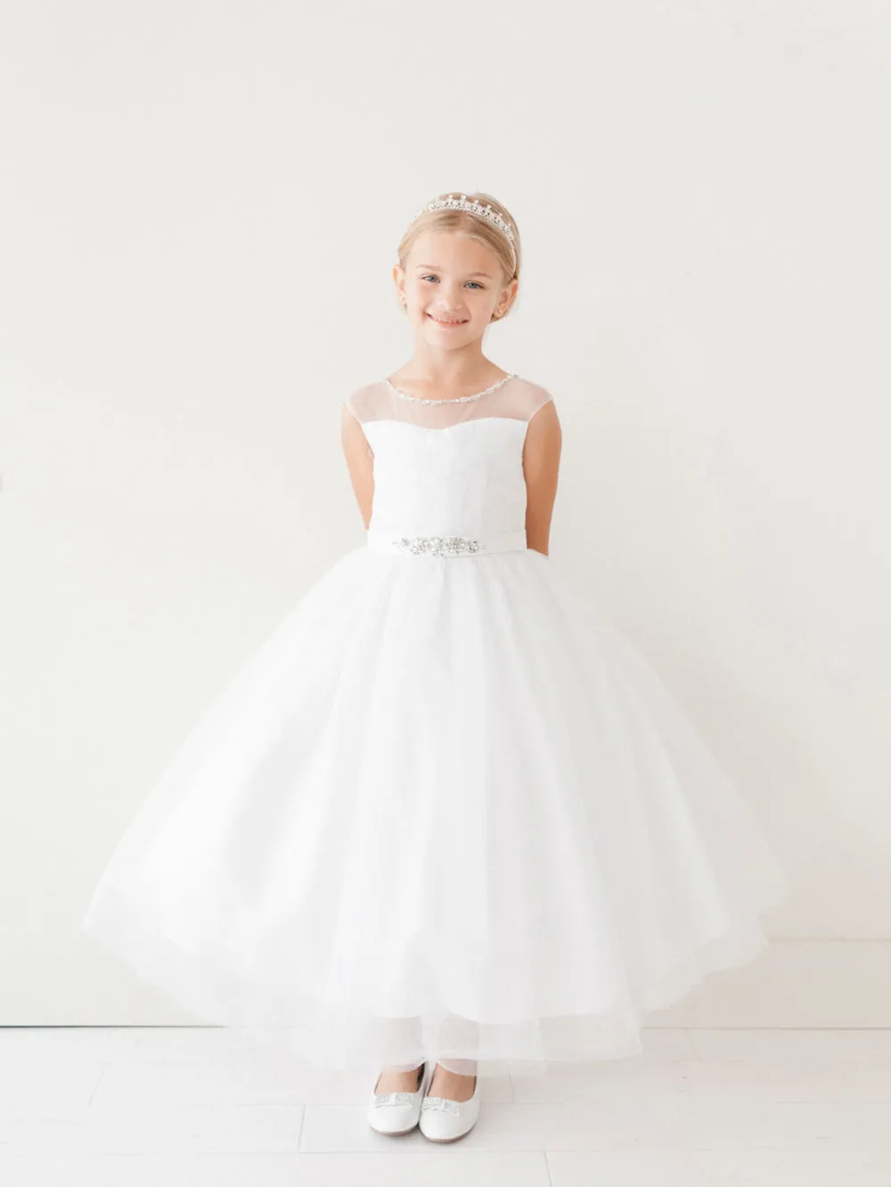 Floor Lenght Horse Hair Layered Communion Dress w/Floral Lace
