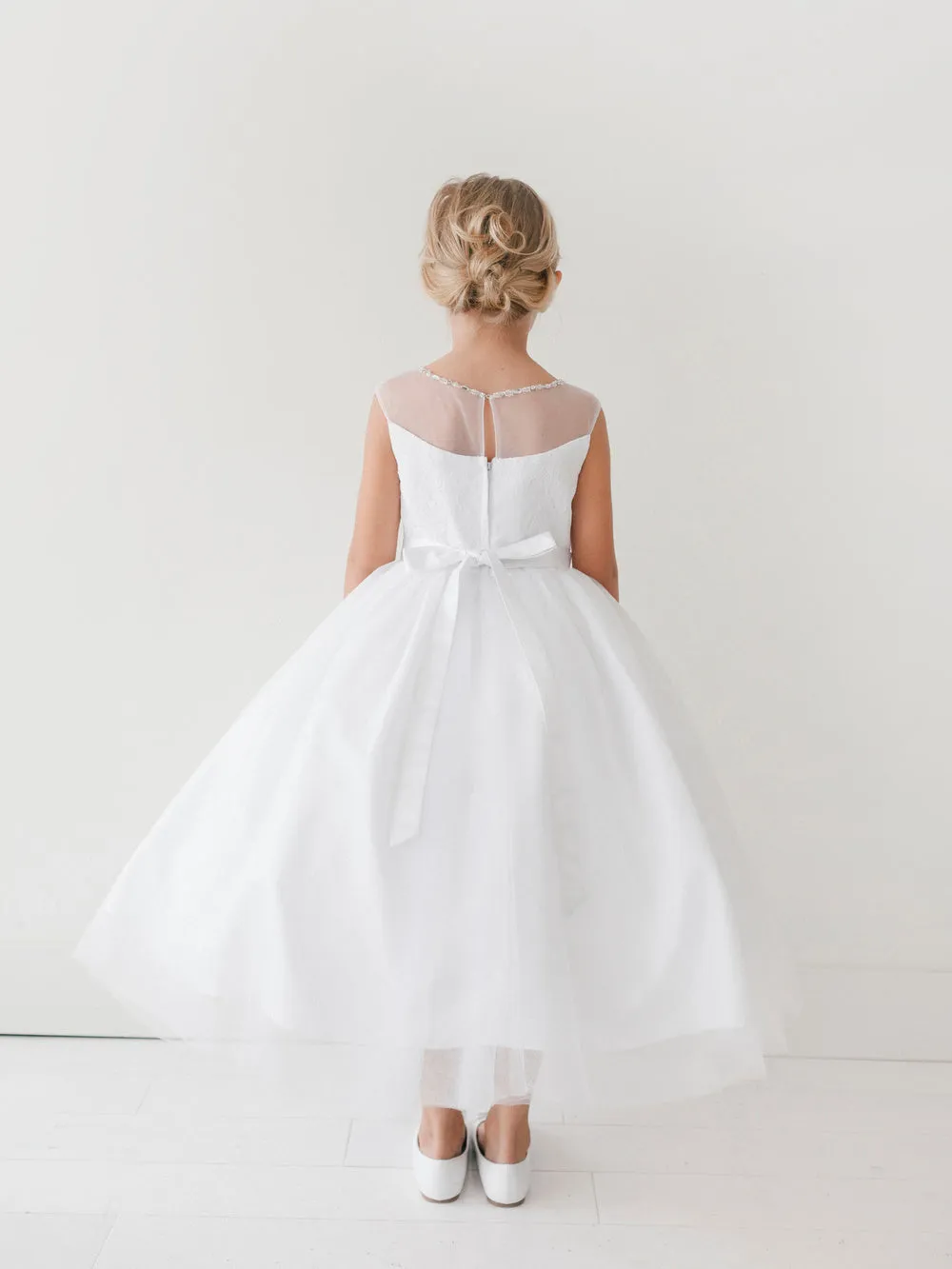 Floor Lenght Horse Hair Layered Communion Dress w/Floral Lace