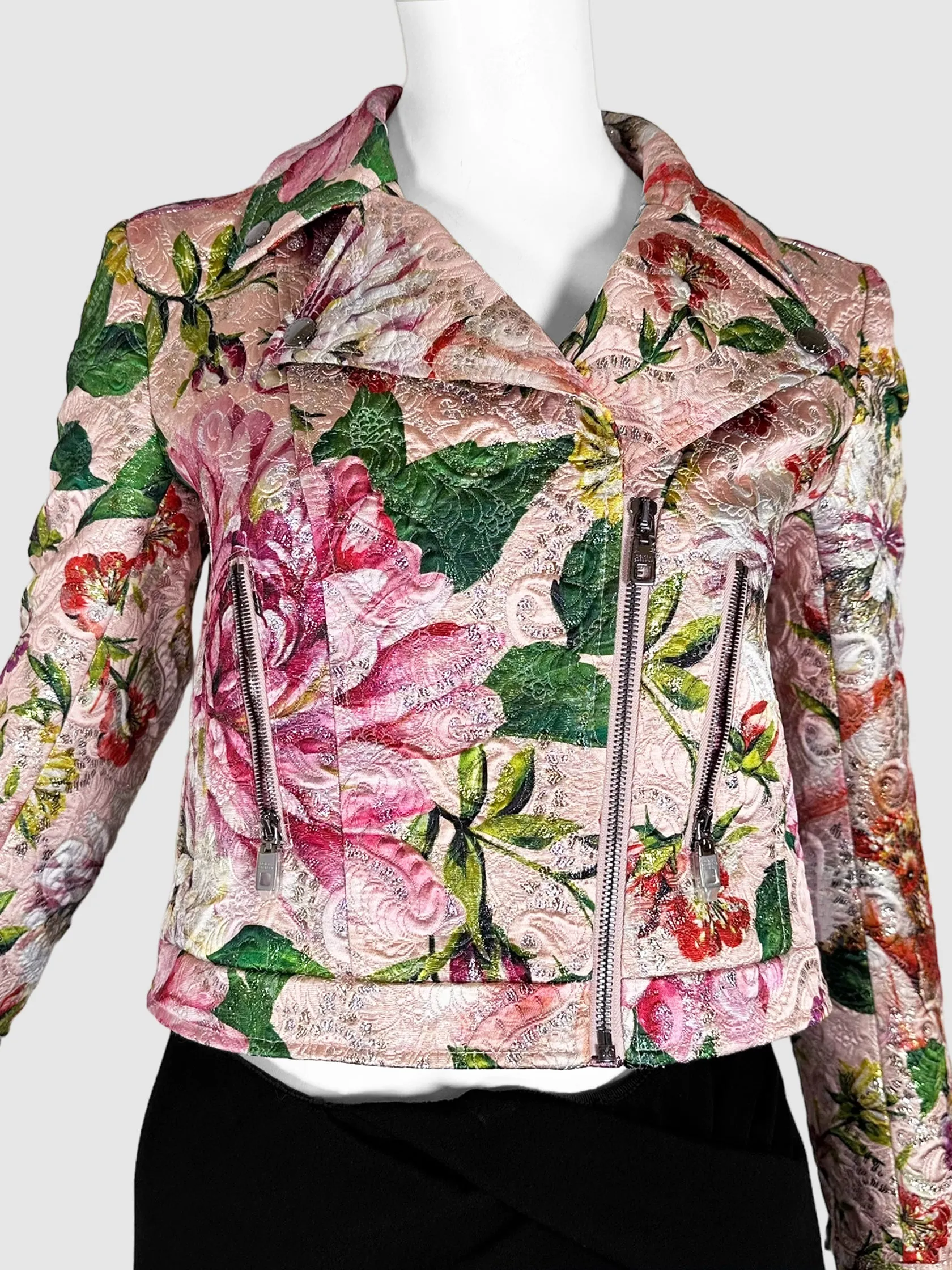 Floral Cropped Biker Jacket - Size 38