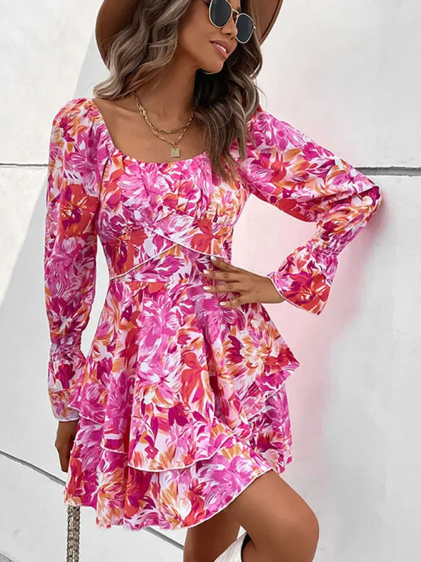 Floral Mini Dress with Square Neck and Ruffle Sleeves