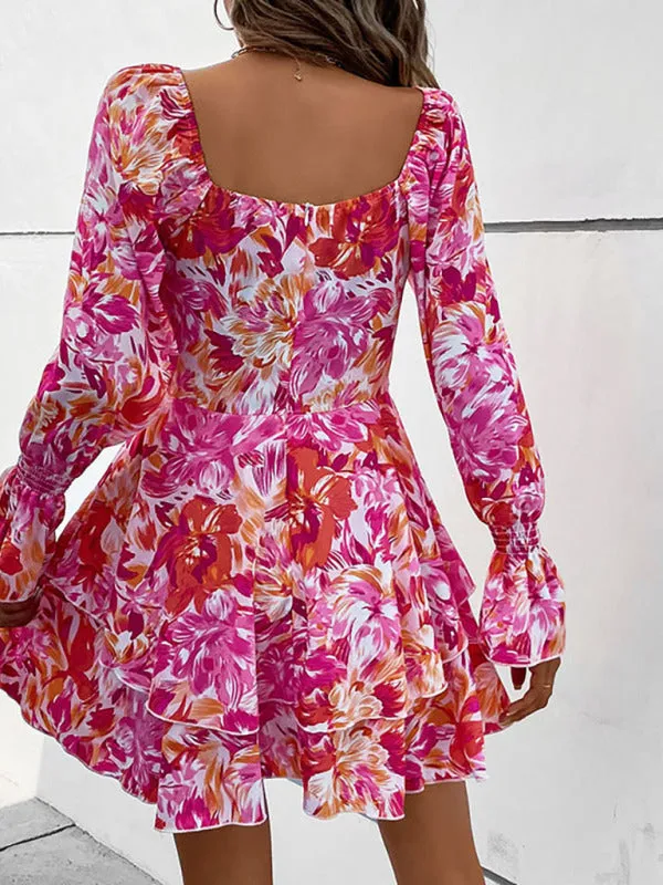 Floral Mini Dress with Square Neck and Ruffle Sleeves