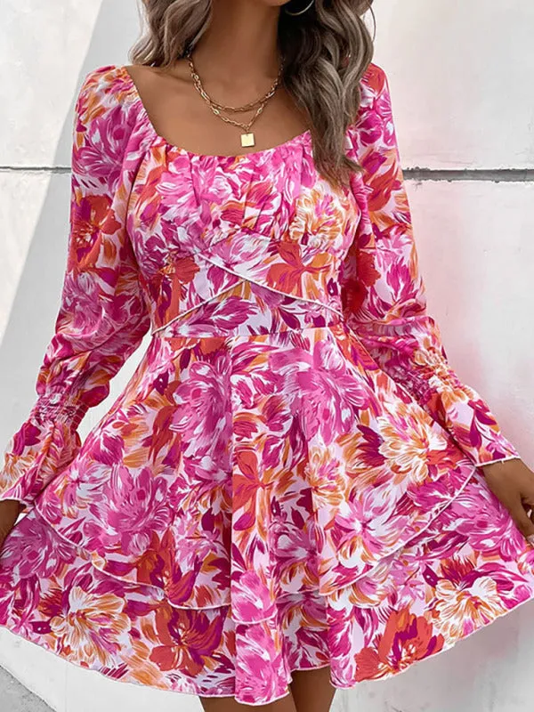 Floral Mini Dress with Square Neck and Ruffle Sleeves