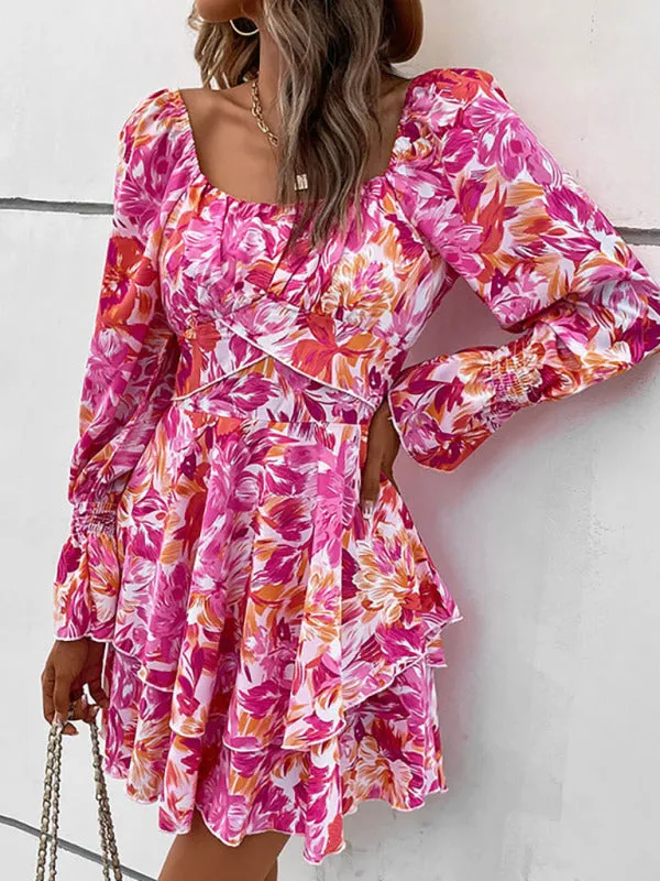Floral Mini Dress with Square Neck and Ruffle Sleeves