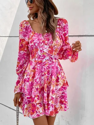 Floral Mini Dress with Square Neck and Ruffle Sleeves