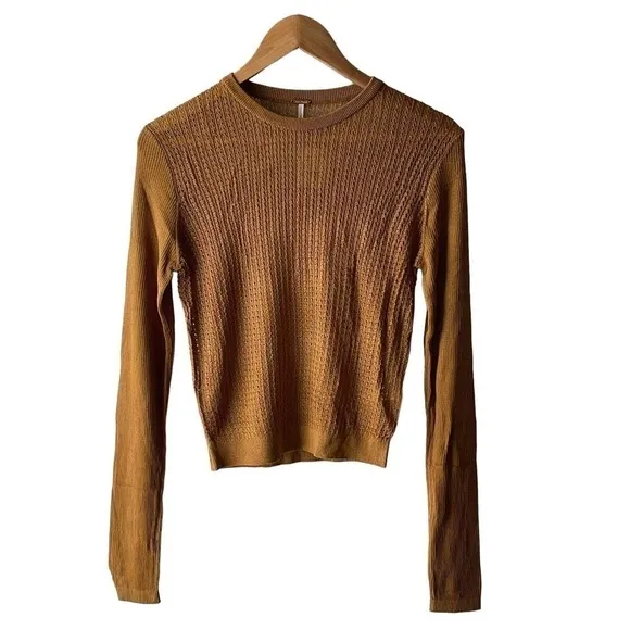 Free People H2O Crew Open Knit Cropped Gold Y2K Silky Viscose Sweater M - New