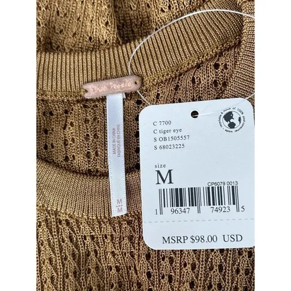 Free People H2O Crew Open Knit Cropped Gold Y2K Silky Viscose Sweater M - New