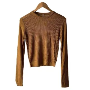 Free People H2O Crew Open Knit Cropped Gold Y2K Silky Viscose Sweater M - New