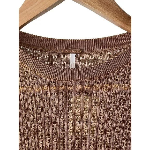 Free People H2O Crew Open Knit Cropped Gold Y2K Silky Viscose Sweater M - New