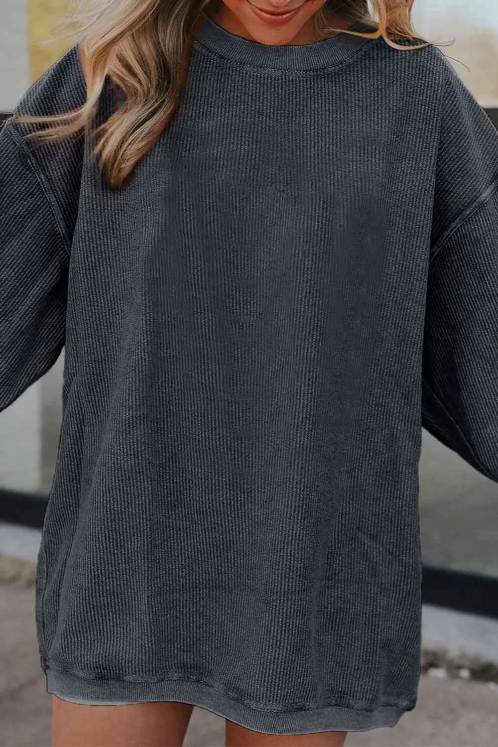 Gage Ribbed Round Neck Drop Shoulder Sweatshirt