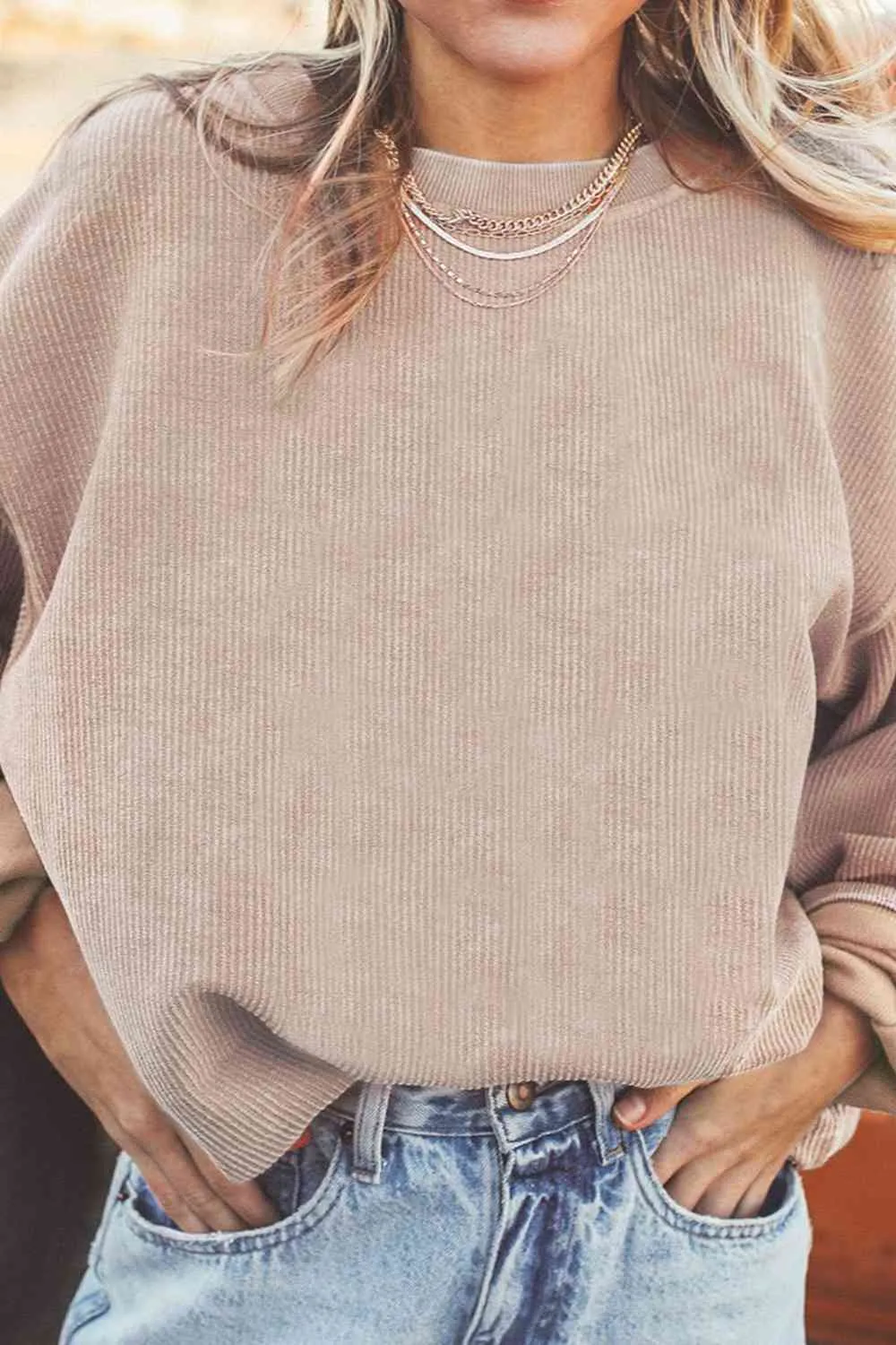 Gage Ribbed Round Neck Drop Shoulder Sweatshirt