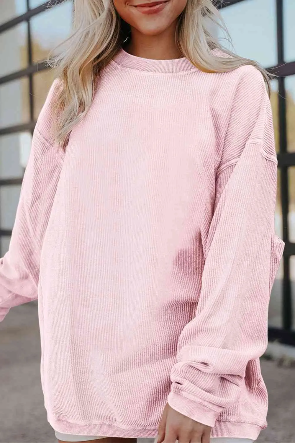 Gage Ribbed Round Neck Drop Shoulder Sweatshirt