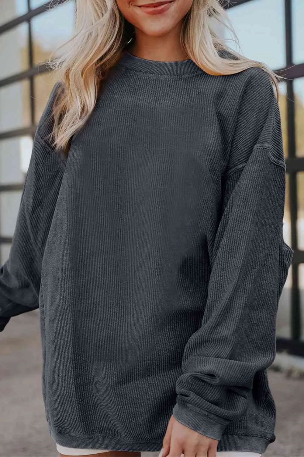 Gage Ribbed Round Neck Drop Shoulder Sweatshirt