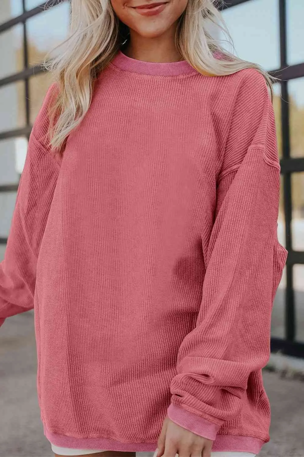 Gage Ribbed Round Neck Drop Shoulder Sweatshirt