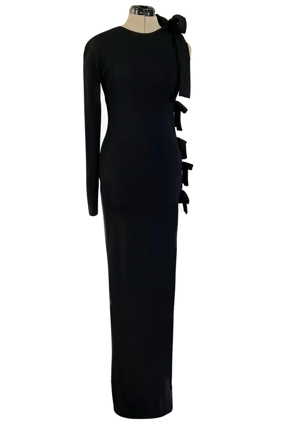 Gorgeous Early 2000s John Anthony One Sleeve Jersey Dress w Full Open Side & Bow Detail