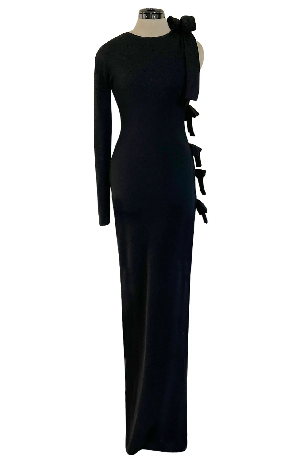 Gorgeous Early 2000s John Anthony One Sleeve Jersey Dress w Full Open Side & Bow Detail