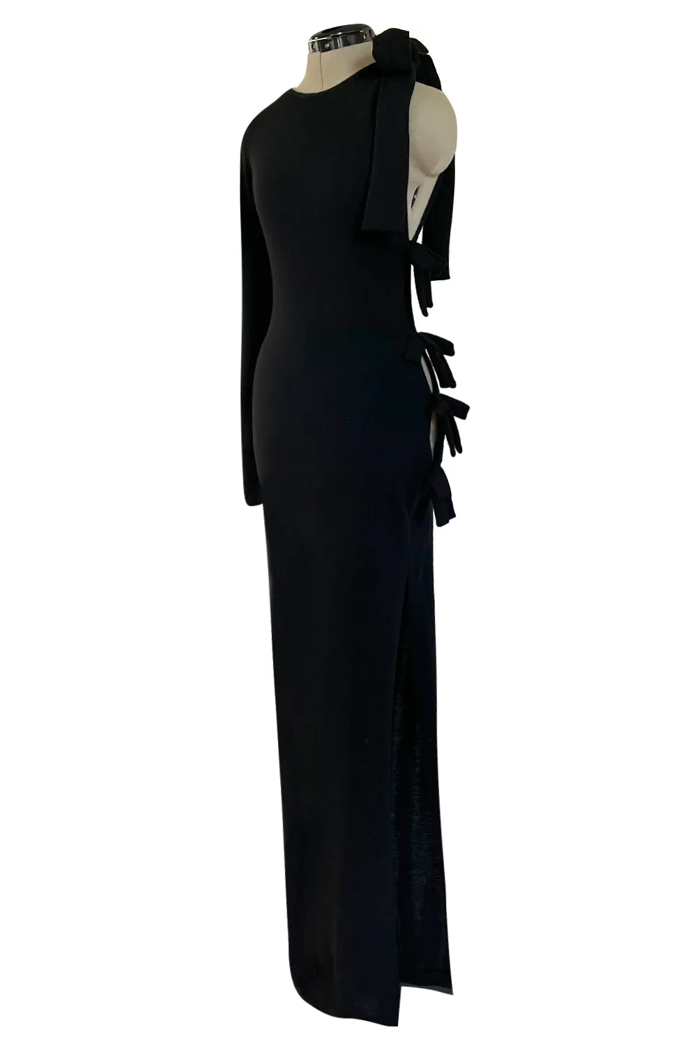 Gorgeous Early 2000s John Anthony One Sleeve Jersey Dress w Full Open Side & Bow Detail
