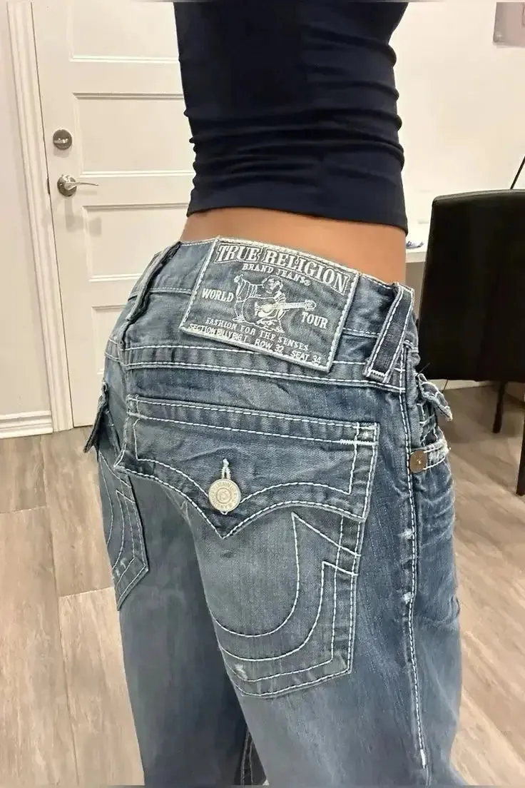 Gothic Vintage Crown Jeans Y2K Clothes Womens Harajuku Crown Embroidery Vintage Blue Baggy Jeans Low Waist Wide Leg Trousers