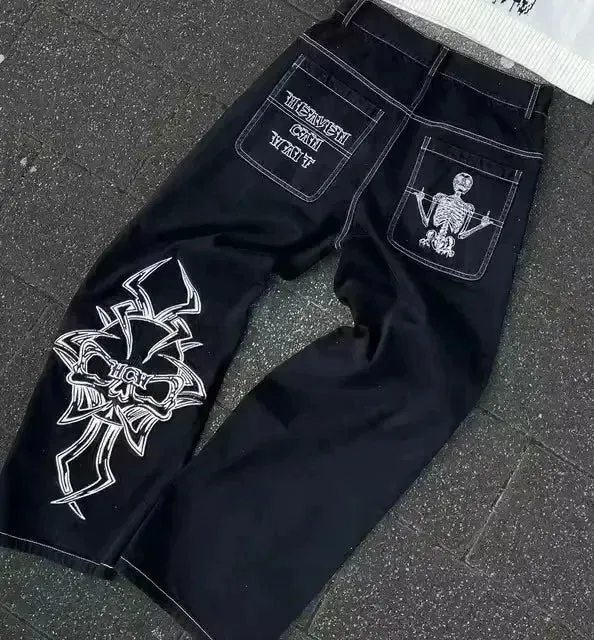 Gothic Vintage Crown Jeans Y2K Clothes Womens Harajuku Crown Embroidery Vintage Blue Baggy Jeans Low Waist Wide Leg Trousers