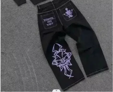Gothic Vintage Crown Jeans Y2K Clothes Womens Harajuku Crown Embroidery Vintage Blue Baggy Jeans Low Waist Wide Leg Trousers