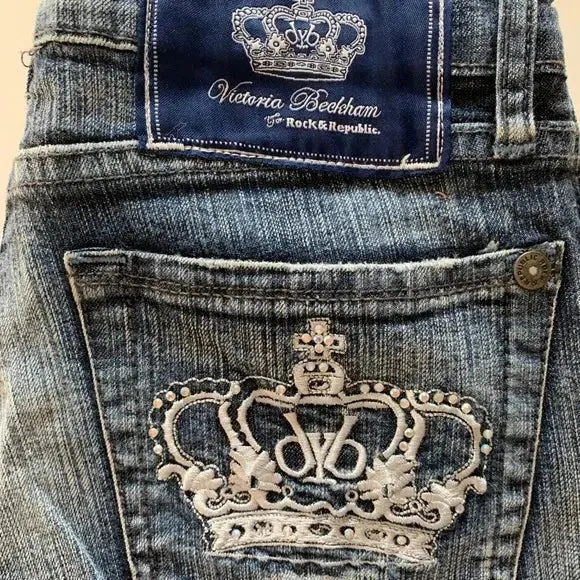 Gothic Vintage Crown Jeans Y2K Clothes Womens Harajuku Crown Embroidery Vintage Blue Baggy Jeans Low Waist Wide Leg Trousers