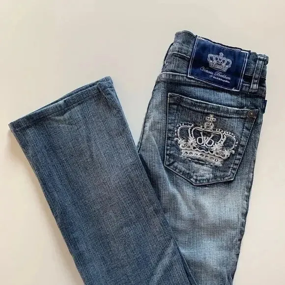 Gothic Vintage Crown Jeans Y2K Clothes Womens Harajuku Crown Embroidery Vintage Blue Baggy Jeans Low Waist Wide Leg Trousers