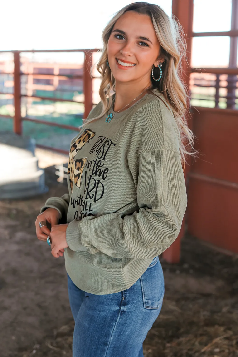 Green Leopard Jesus Cross Corded Oversized Sweatshirt