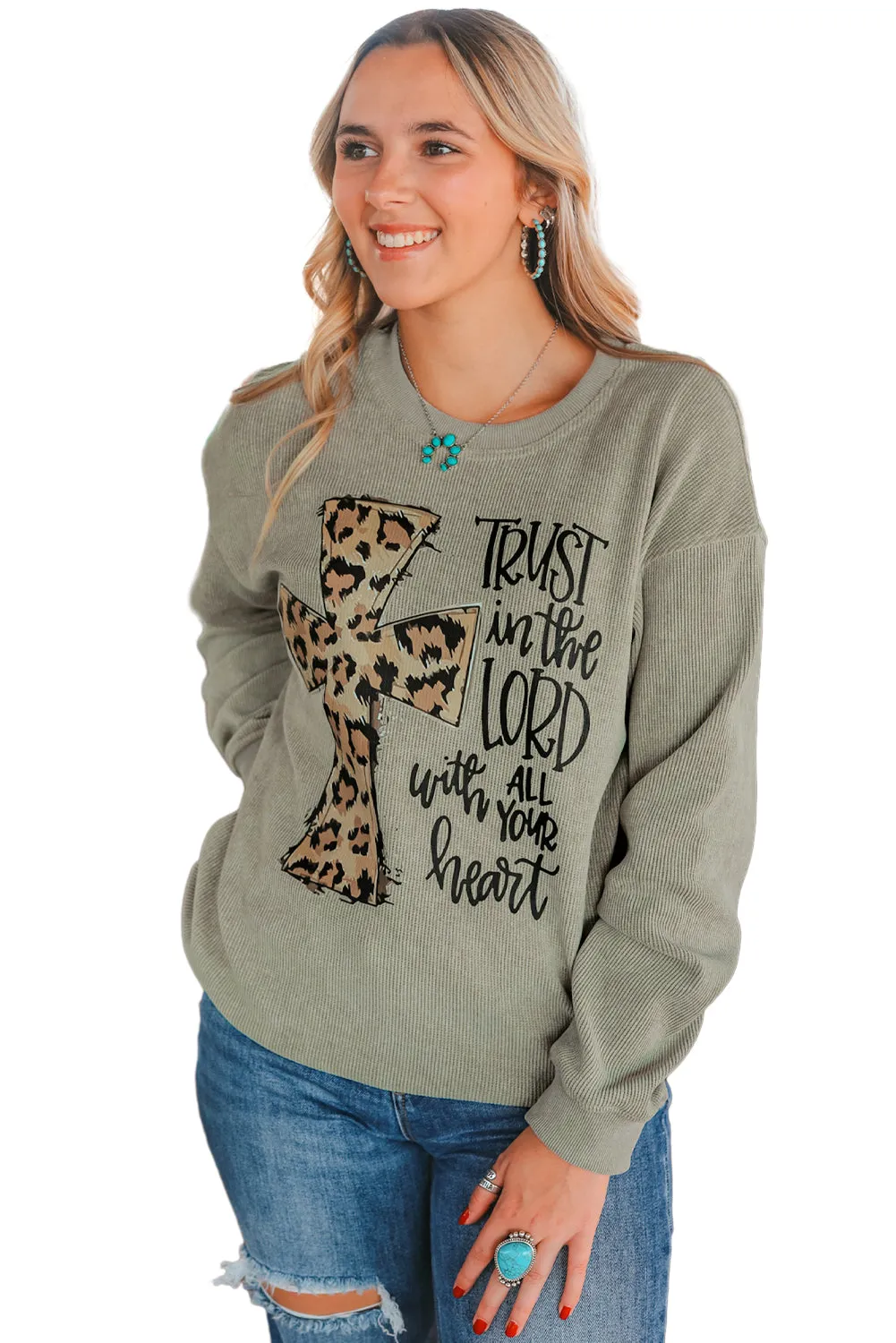 Green Leopard Jesus Cross Corded Oversized Sweatshirt