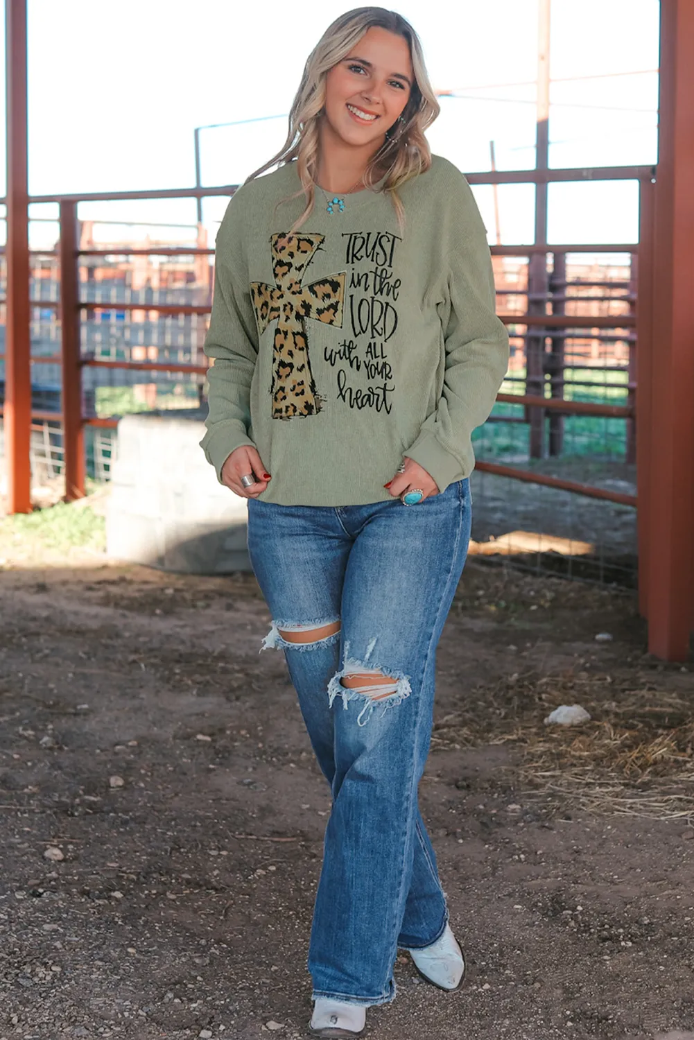 Green Leopard Jesus Cross Corded Oversized Sweatshirt