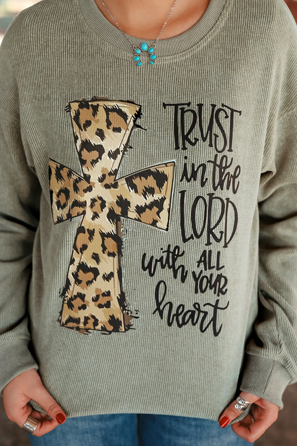 Green Leopard Jesus Cross Corded Oversized Sweatshirt