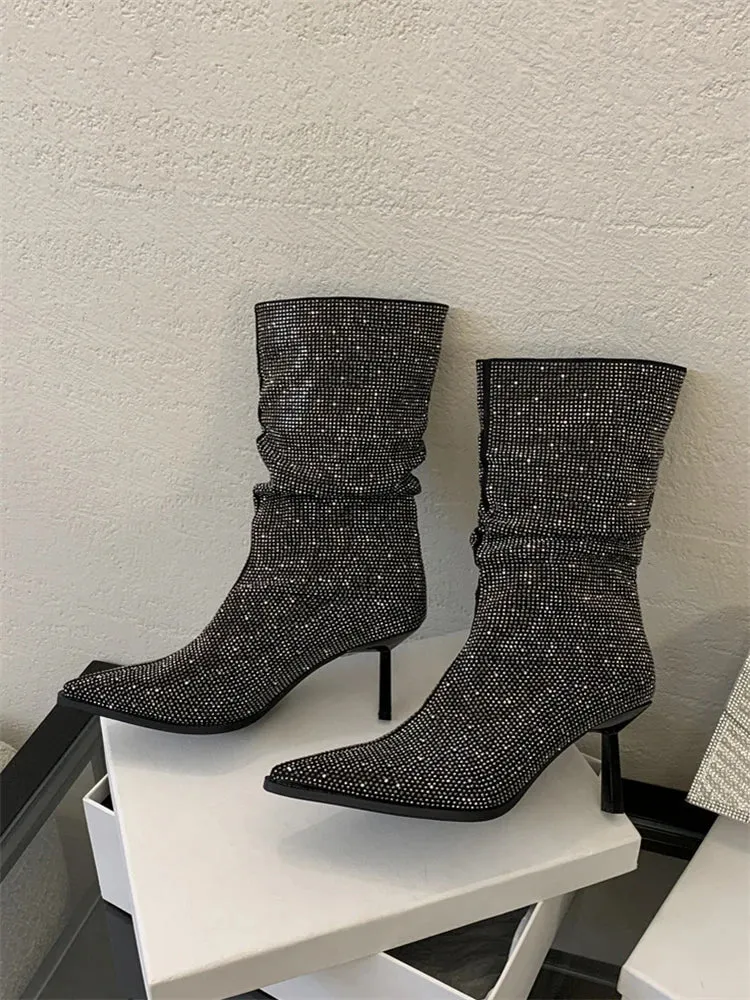 Handmade Rhinestone-Embellished Pointed Toe Ankle Boots for Women - Sexy Thin High Heels Booties