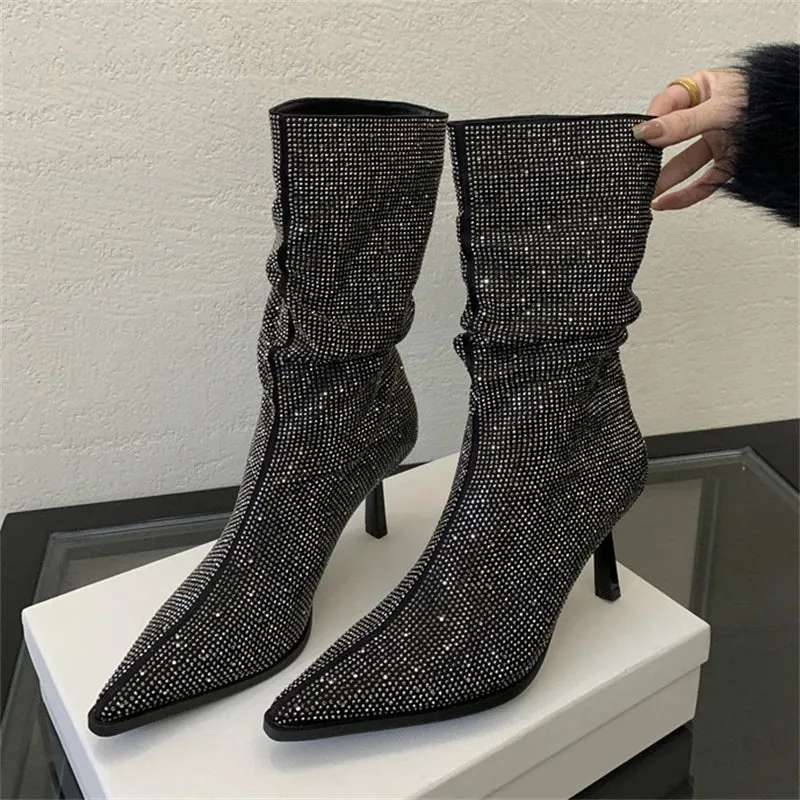 Handmade Rhinestone-Embellished Pointed Toe Ankle Boots for Women - Sexy Thin High Heels Booties