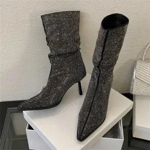 Handmade Rhinestone-Embellished Pointed Toe Ankle Boots for Women - Sexy Thin High Heels Booties
