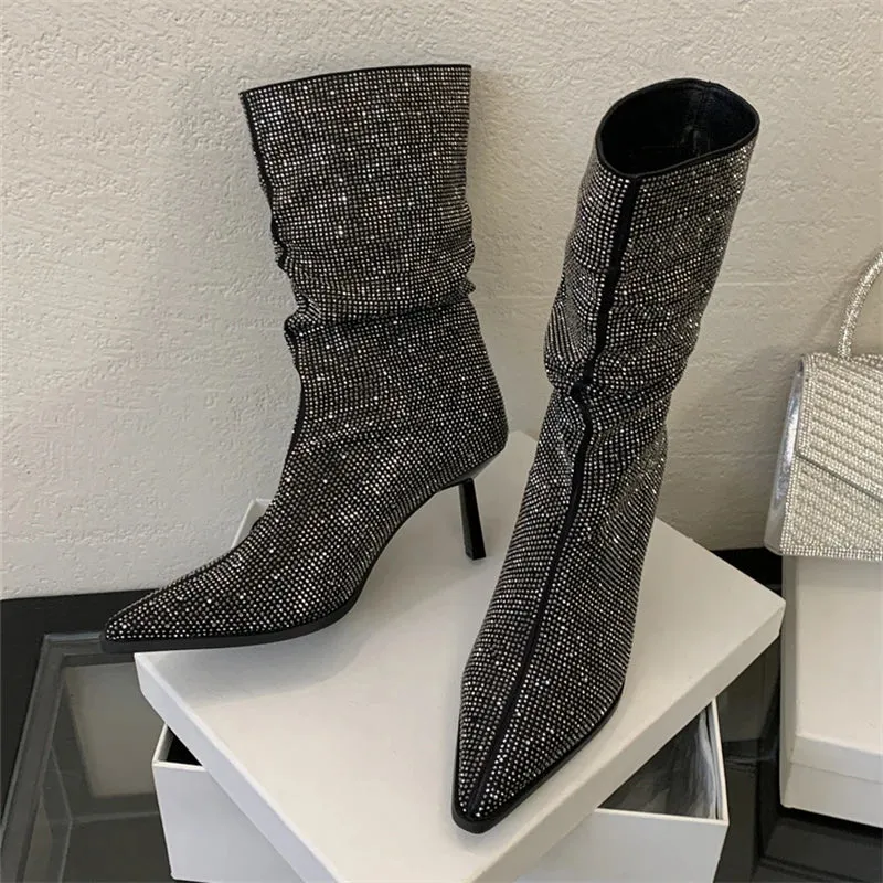 Handmade Rhinestone-Embellished Pointed Toe Ankle Boots for Women - Sexy Thin High Heels Booties