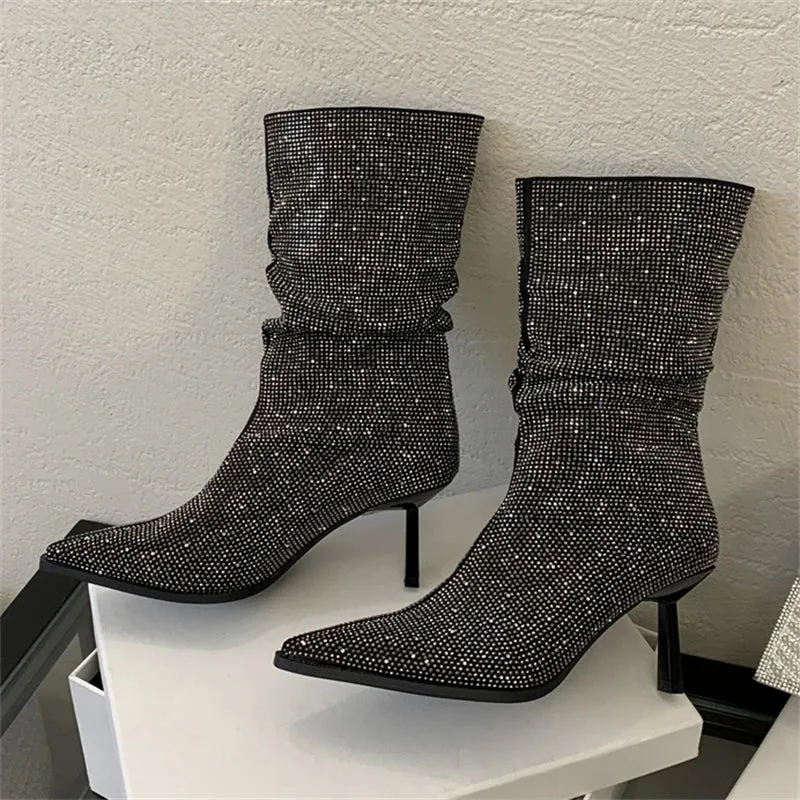 Handmade Rhinestone-Embellished Pointed Toe Ankle Boots for Women - Sexy Thin High Heels Booties