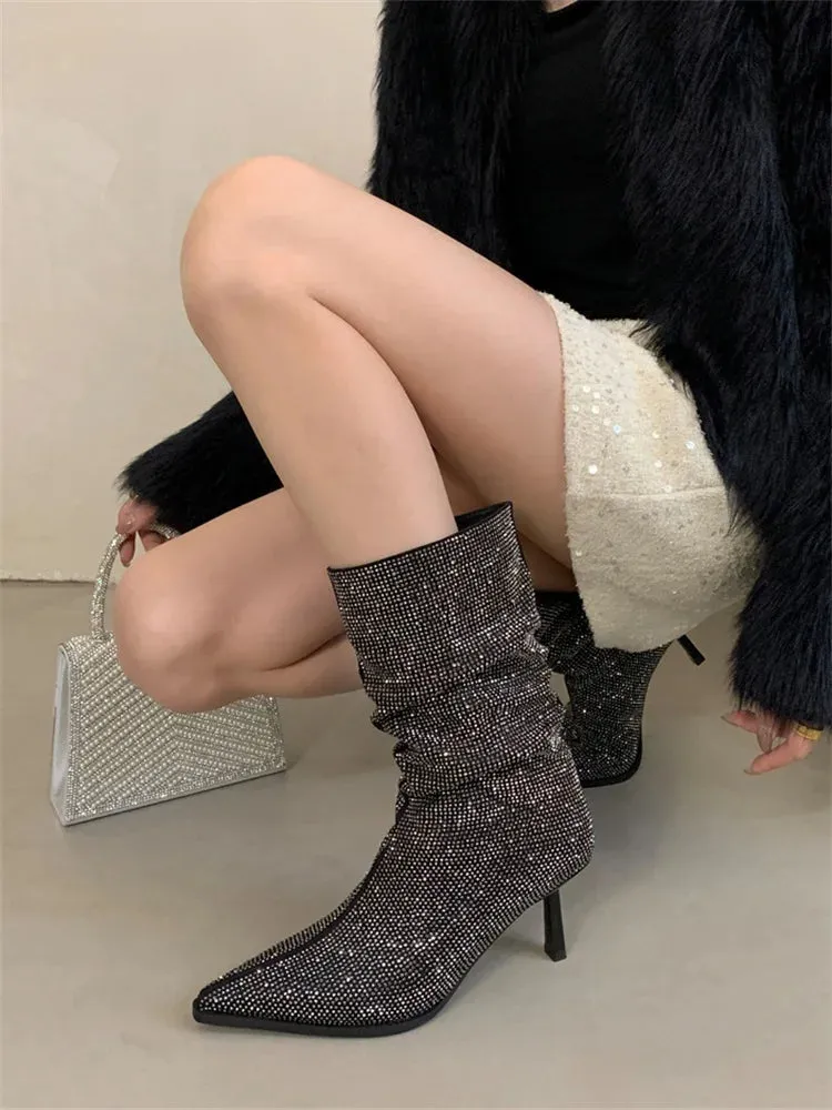 Handmade Rhinestone-Embellished Pointed Toe Ankle Boots for Women - Sexy Thin High Heels Booties