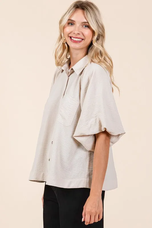 Hazel Blues® |  Mittoshop Airflow Short Bubble Sleeve Button Down Shirt