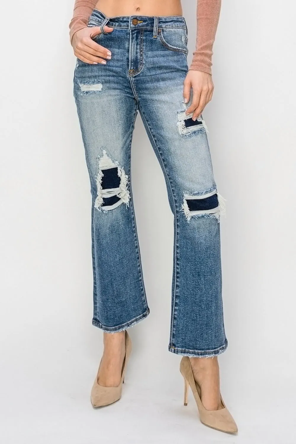 Hazel Blues® |  Risen High Rise Distressed Ankle Flare Jeans