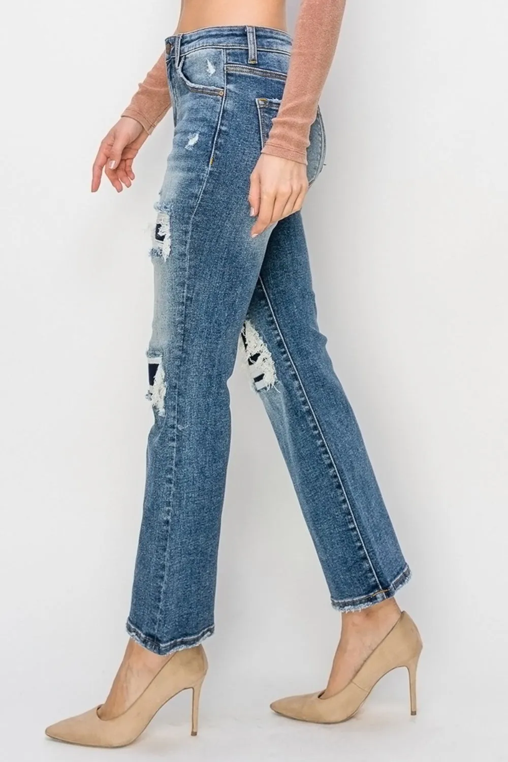 Hazel Blues® |  Risen High Rise Distressed Ankle Flare Jeans