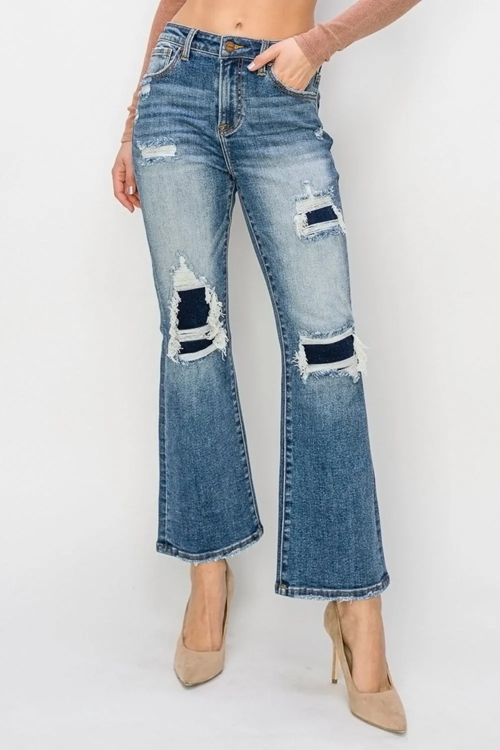 Hazel Blues® |  Risen High Rise Distressed Ankle Flare Jeans