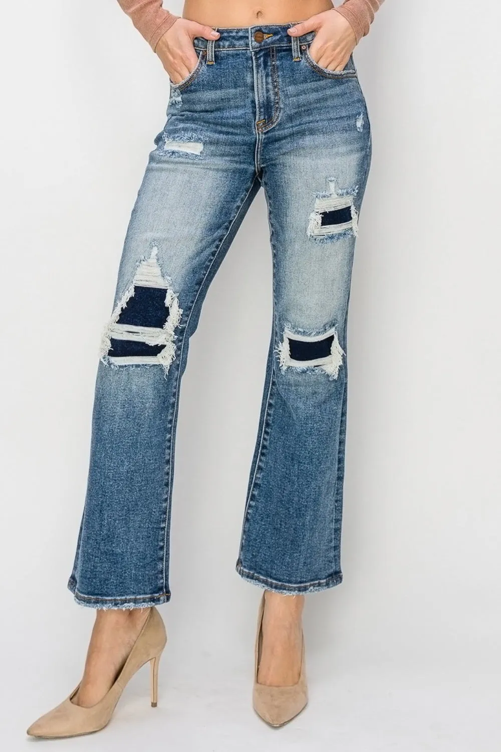 Hazel Blues® |  Risen High Rise Distressed Ankle Flare Jeans
